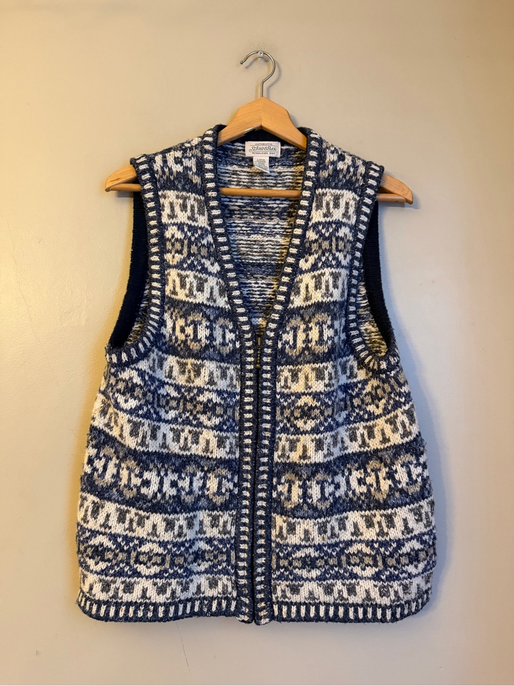 Vintage St Johns Bay Fair Isle Zip Sweater Vest Large Nordic Cottage Wool Blend